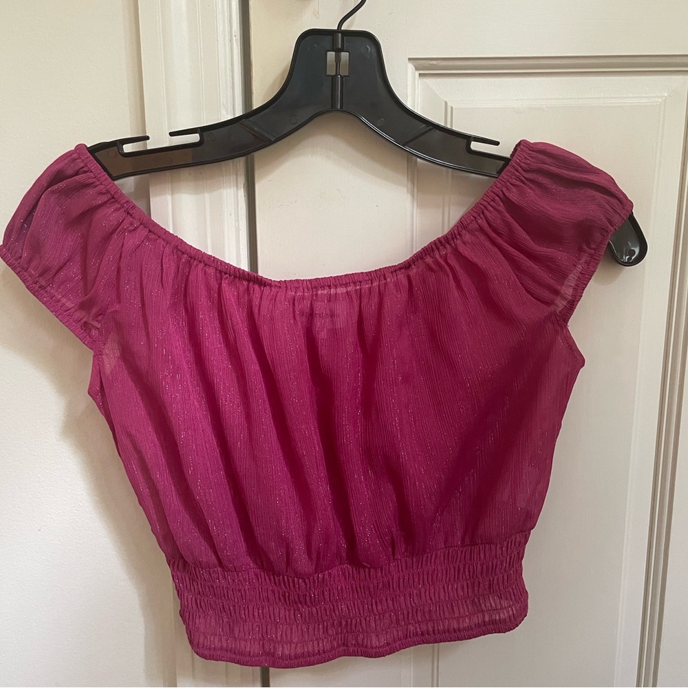 superdown Pink Puff-sleeve Sparkly Crop Top